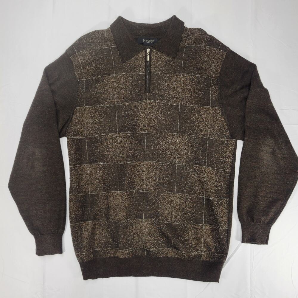 Protégé Men’s Large Brown Wool Blend Sweater Mock Neck Patchwork Knit Classic